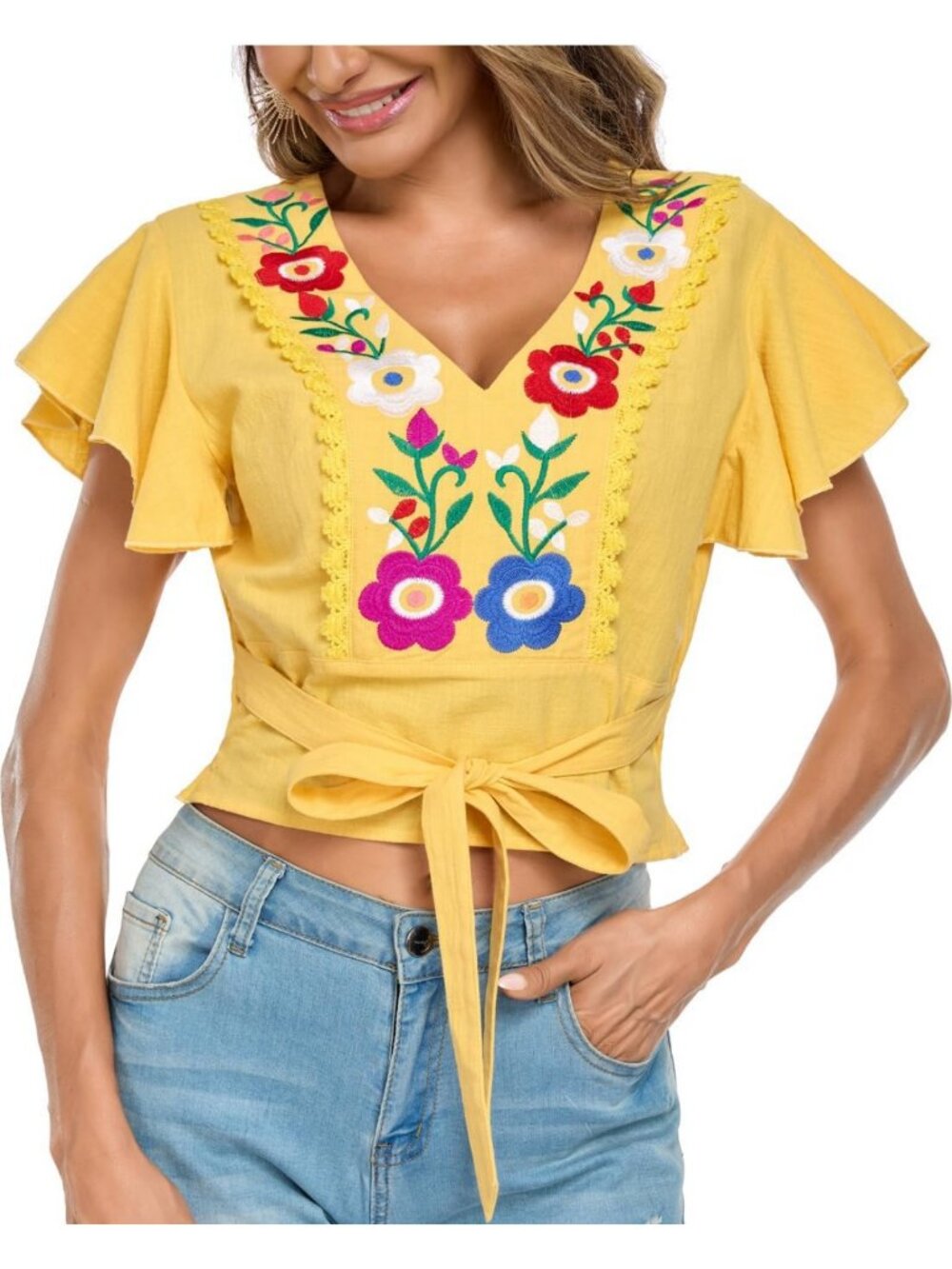 Boho V Neck Tie Front Crop Top - Summer Ruffle Short Sleeve Embroidered Blouse